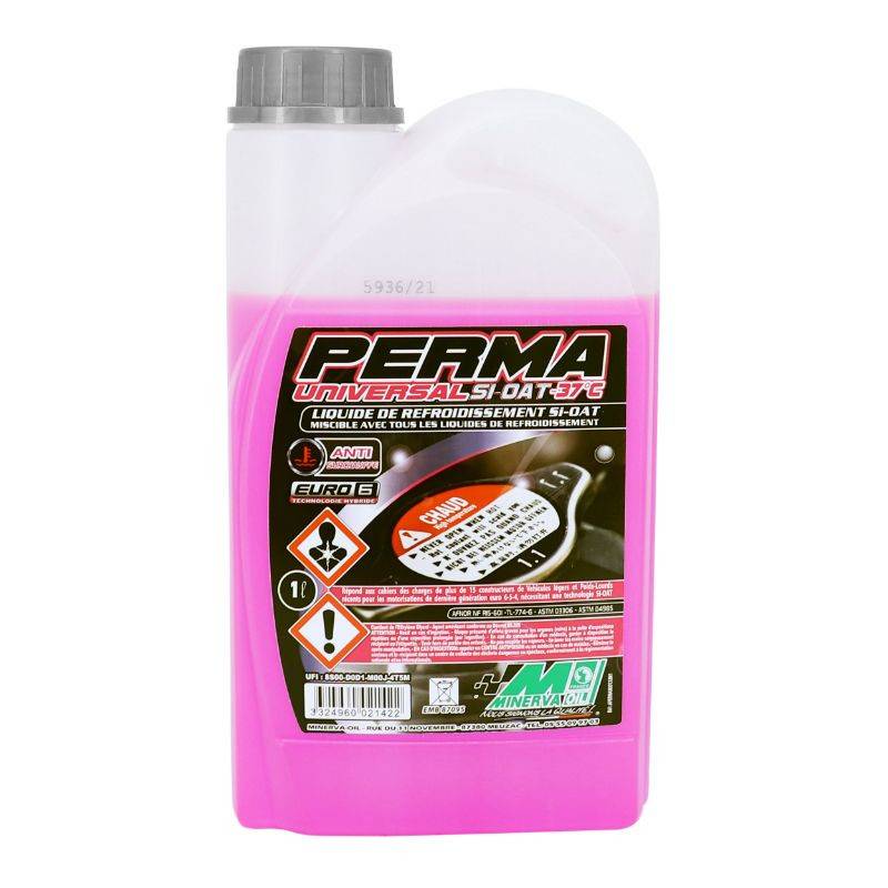 LIQUIDE DE REFROIDISSEMENT MINERVA PERMA UNIVERSAL -35°C (1 L) LIQUIDE DE REFROIDISSEMENT MINERVA PERMA UNIVERSAL -35°C Protection optimale pour carters alu et magnésium origine ORCAL 