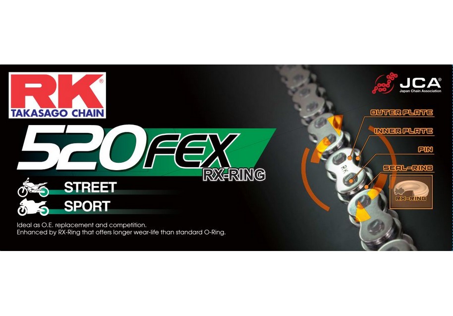 CHAINE RK 520 FEX 120 MAILLONS RX RING SUPER RENFORCEE avec Attache Rapide CHAINE RK 520 FEX 120 MAILLONS RX RING SUPER RENFORCEE avec Attache Rapide origine AZMOTORS -DISPO