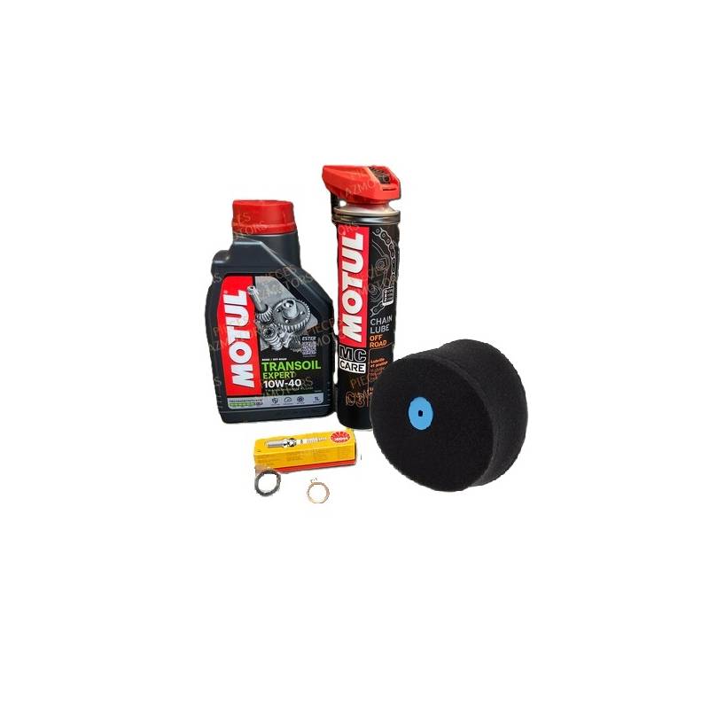PACK ENTRETIEN MOTEUR CC (FILTRE MOUSSE) BETA RR 50 (2014-2020) + HUILE TRANSOIL EXPERT
PACK ENTRETIEN COMPLET MOTEUR POUR BETA RR 50 2014-2020 + HUILE MOTUL TRANSOIL EXPERT 10W40
Le pack contient :
1x Huile Motul Transoil Expert 10W40 (1L) - Idéal pour la boîte et la transmission, offrant une lubrification optimale pour une performance longue durée.
1x Graisse Motul C3 Chain Lube Off Road (Aérosol 400 ml) - Spécialement formulée pour protéger et lubrifier les chaînes dans des conditions tout-terrain.
1x Bougie Beta BR9ES (34.02240.000) - Assure une combustion optimale et des démarrages fiables.
1x Filtre à air Beta (032.38.026.82.00) - Garantit une filtration parfaite pour préserver la propreté du moteur.
1x Joint torique remplissage huile (15,10 x 2,70 - 34.00831.000) - Empêche les fuites lors du remplissage dhuile.
1x Joint de vidange huile (34.00900.000) - Assure une étanchéité parfaite lors des vidanges. PACK ENTRETIEN MOTEUR CC (FILTRE MOUSSE) BETA RR 50 (2014-2020) + HUILE TRANSOIL EXPERT