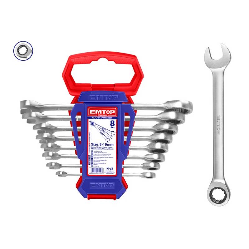KIT CLE À CLIQUET 6-19MM 8 PCS (8, 10, 12, 13, 14, 15, 17, 19) EMTOP KIT CLE À CLIQUET 6-19MM 8 PCS (8, 10, 12, 13, 14, 15, 17, 19) EMTOP origine AZMOTORS -DISPO