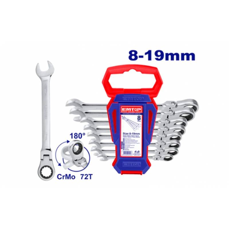 JEU DE CLES A CLIQUET ARTICULEES EMTOP 8-19 MM 8 PIECES (8, 10, 12, 13, 14, 15, 17, 19) JEU DE CLES A CLIQUET ARTICULEES EMTOP 8-19 MM 8 PIECES (8, 10, 12, 13, 14, 15, 17, 19) origine AZMOTORS -DISPO