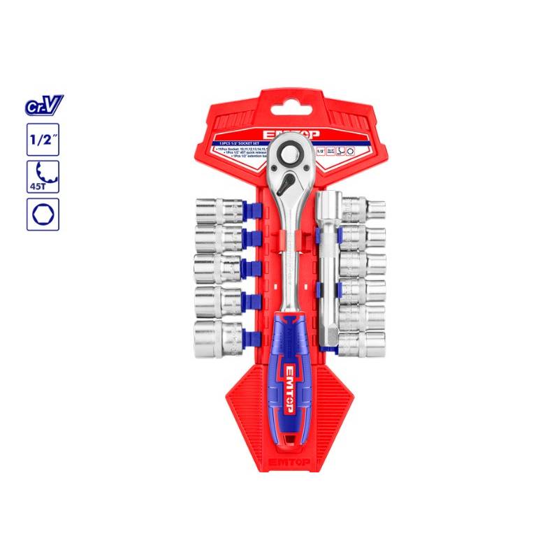 KIT 13 PIECES 1/2" Cr-V EMTOP (DOUILLES 10-24 ET EXTENSION INCLUS) KIT 13 PIECES 1/2" Cr-V EMTOP (DOUILLES 10-24 ET EXTENSION INCLUS) origine AZMOTORS -DISPO