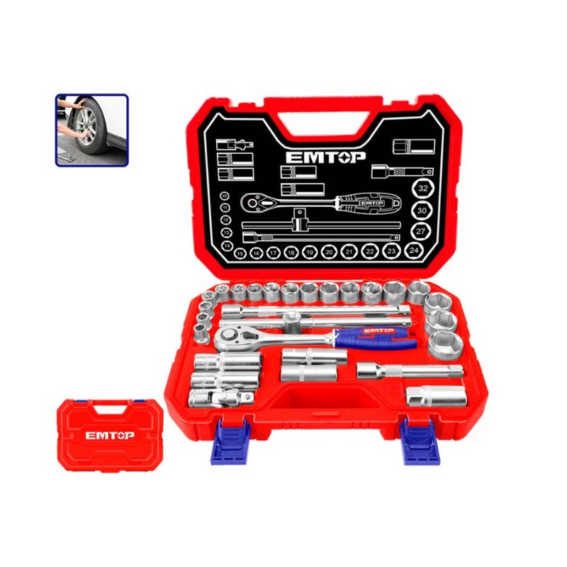 Coffret 28 pieces 1/2" Cr-V EMTOP (comprend 10-32 douilles, un cliquet et des rallonges) Coffret 28 pieces 1/2" Cr-V EMTOP (comprend 10-32 douilles, un cliquet et des rallonges) origine AZMOTORS -DISPO