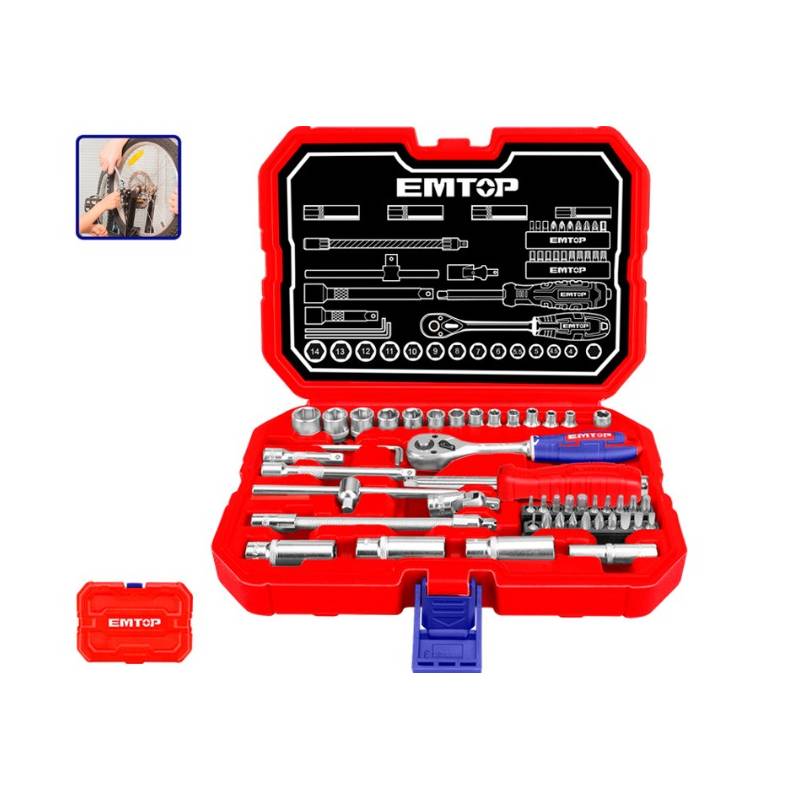 ETUI 49 PIECES 1/4" Cr-V EMTOP (DOUILLES 10-14, CLES ET EXTENSIONS INCLUS) ETUI 49 PIECES 1/4" Cr-V EMTOP (DOUILLES 10-14, CLES ET EXTENSIONS INCLUS) origine AZMOTORS -DISPO