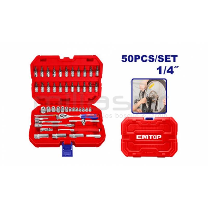 Coffret EMTOP 50 pièces 1/4" Cr-V (comprend 4 à 14 douilles, clés et rallonges) Coffret EMTOP 50 pièces 1/4" Cr-V (comprend 4 à 14 douilles, clés et rallonges) origine AZMOTORS -DISPO
