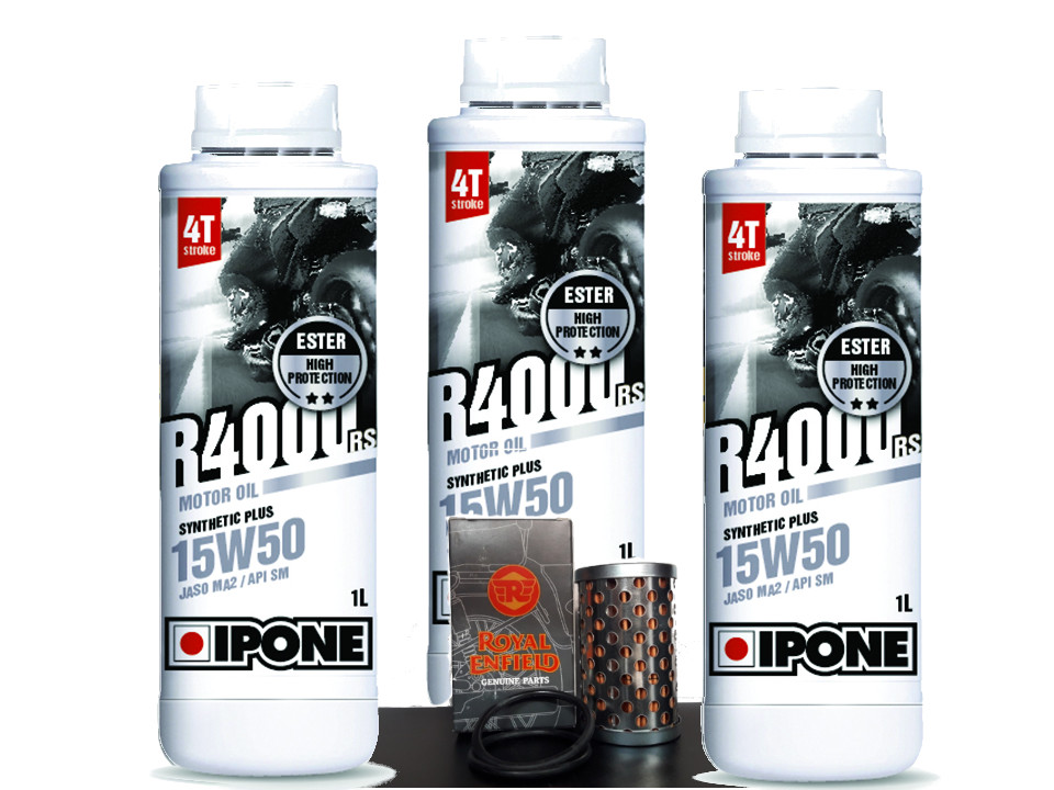 KIT ENTRETIEN 500 UCE R 4000 RS 4T 15W-50-(3L)+FILTRE A HUILE(888414)+JOINT TORIQUE x2(500619A)  KIT ENTRETIEN 500 UCE R 4000 RS 4T 15W-50-(3L)+FILTRE A HUILE(888414)+JOINT TORIQUE x2(500619A) origine ROYAL ENFIELD -NDISPO