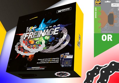 KIT FREINAGE AVANT VAG FE 250/300 (KXR/MAXXER/MXU) - (Composé de 2 DISQUES FE.K434V et de 2 JEUX PLAQUETTES LMP410OR AP RACING) KIT FREINAGE ESSENTIEL AVANT VAG  FE - (Composé de 2 disques FE.K434V et de 2 JEUX PLAQUETTES LMP410OR AP RACING) origine KYMCO -DISPO