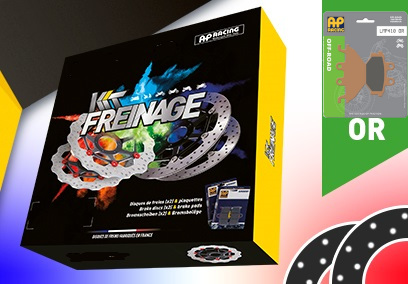 KIT FREINAGE AVANT ESSENTIEL FE 250/300 (KXR/MAXXER/MXU) - (Composé de 2 DISQUES FE.K434 et de 2 JEUX PLAQUETTES LMP410OR AP RACING) KIT FREINAGE ESSENTIEL AVANT STANDARD FE - (Composé de 2 disques FE.K434 et de 2 JEUX PLAQUETTES LMP410OR AP RACING) origine KYMCO -DISPO