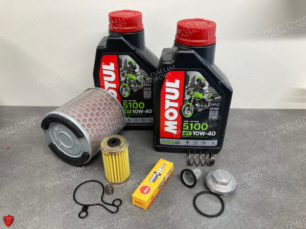 KIT ENTRETIEN MOTEUR ET HUILE MOTUL 5100 4T 10W-40 -(2L) POUR ROADWIN
- FILTRE A AIR (17213-BA4-0000) 
- BOUGIE CR8EH-9
- FILTRE A HUILE (15412-BA1-0000)
- JOINT DE FILTRE A HUILE (11335-BA6-9600)
- RESSORT DU FILTRE A HUILE(15414-BA6-9600)
- BOUCHON DE VIDANGE + JOINT (1236A-BA6-0000)
- RESSORT DE CREPINE(15426-BA6-0001)
- FILTRE A CREPINE (15421-BA6-0001)