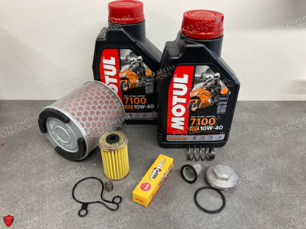 KIT ENTRETIEN MOTEUR ET HUILE MOTUL 7100 4T 10W-40 -(2L) POUR ROADWIN
- FILTRE A AIR (17213-BA4-0000) 
- BOUGIE CR8EH-9
- FILTRE A HUILE (15412-BA1-0000)
- JOINT DE FILTRE A HUILE (11335-BA6-9600)
- RESSORT DU FILTRE A HUILE(15414-BA6-9600)
- BOUCHON DE VIDANGE + JOINT (1236A-BA6-0000)
- RESSORT DE CREPINE(15426-BA6-0001)
- FILTRE A CREPINE (15421-BA6-0001)