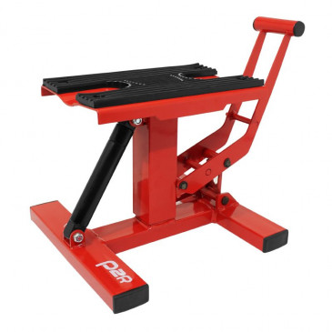LEVE/PONT MOTO CROSS P2R STAND A PEDALE REGLAGE 4 NIVEAUX (HAUTEUR 75/135/250/460 mm) LEVE/PONT MOTO CROSS P2R STAND A PEDALE ACIER ROUGE (HAUTEUR min 320mm/max 400mm) origine AZMOTORS 