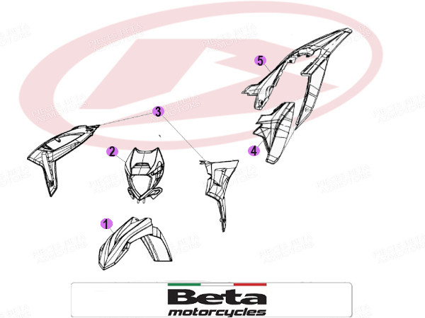 KIT CARENAGES BETA ORIGINE 125/200 RR 2T SET DE 	KIT CARENAGES BETA ORIGINE 125/200 RR 2T
PLAQUE PHARE, OUIE AVANT, COTE PORTE NUMERO, GARDE BOUE AVANT , GARDE BOUR ARRIERE QUE DES PIECES ORIGINE BETA origine BETA 