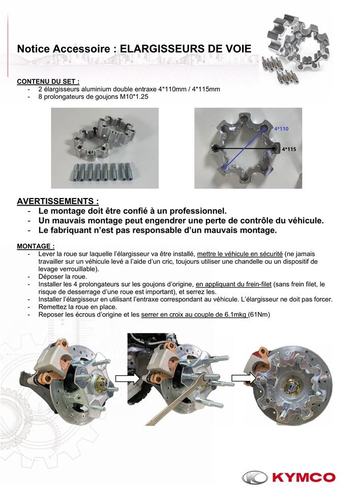 NOTICE JEU ELARGISSEURS ALU 35mm 4*110 / 4*115 NOTICE MONTAGE KA-01-0772 origine KYMCO -DISPO