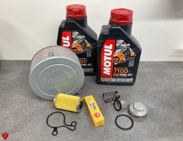 KIT HUILE MOTUL 7100 4T 10W-40 -(2L) DAYSTAR ET SON KIT ENTRETIEN MOTEUR KIT ENTRETIEN MOTEUR ET HUILE MOTUL 7100 4T 10W-40 -(2L)
- FILTRE A AIR (17213-BA1-0000) 
- BOUGIE CR9EH-9
- FILTRE A HUILE (15412-BA1-0000)
- JOINT DE FILTRE A HUILE (11335-BA6-9600)
- RESSORT DU FILTRE A HUILE(15414-BA6-9600)
- BOUCHON DE VIDANGE + JOINT (1236A-BA6-0000)
- RESSORT DE CREPINE(15426-BA6-0000)
- FILTRE A CREPINE (15421-BA6-0000) origine DAELIM 