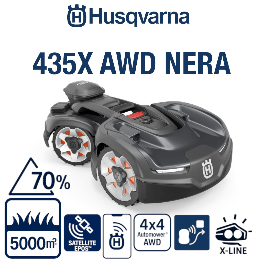 ROBOT TONDEUSE 435X AWD NERA (SANS FIL) Robot de tonte 4x4 sans fil Jsuqu a 5 000 m² et qui maîtrise les pentes raides jusqu`à 70 %  origine HUSQVARNA -DISPO