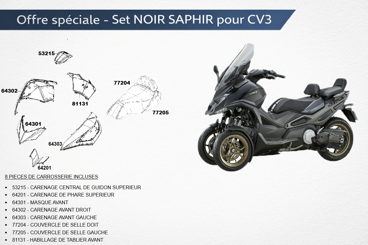 SET 8 CARROSSERIES NOIR SAPHIR CV3 KYMCO SET DE CARROSSERIES NOIR SAPHIR CV3 KYMCO origine KYMCO -DISPO