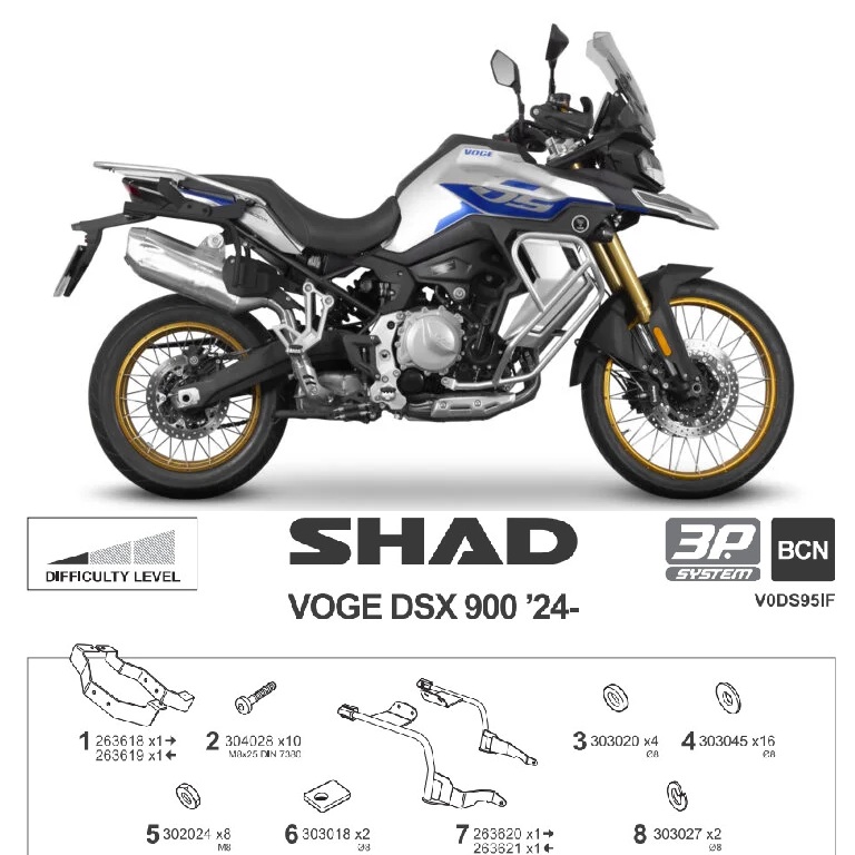 SUPPORTS DE VALISES 3 POINTS (FORME L) SHAD FIXATIONS SHAD 3P SYSTEM POUR INSTALLER DE VALISES LATÉRALES SUR VOTRE MOTO VOGE 900 DSX (2024/2025) origine VOGE -DISPO