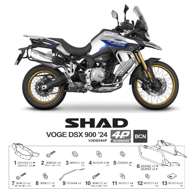 SUPPORTS DE VALISES 4 POINTS (RECTANGLE) SHAD FIXATIONS SHAD 4P SYSTEM POUR INSTALLER DE VALISES LATÉRALES SUR VOTRE MOTO VOGE 900 DSX (2024/2025) origine VOGE -DISPO