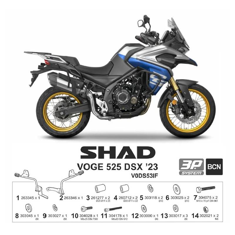 SUPPORTS DE VALISES 3P SYSTEM SHAD VOGE 525DSX/BLACK KNIGHT/625DSX (2023/2024/2025) FIXATIONS SHAD 3P SYSTEM POUR INSTALLER DE VALISES LATÉRALES SUR VOTRE MOTO origine VOGE -DISPO