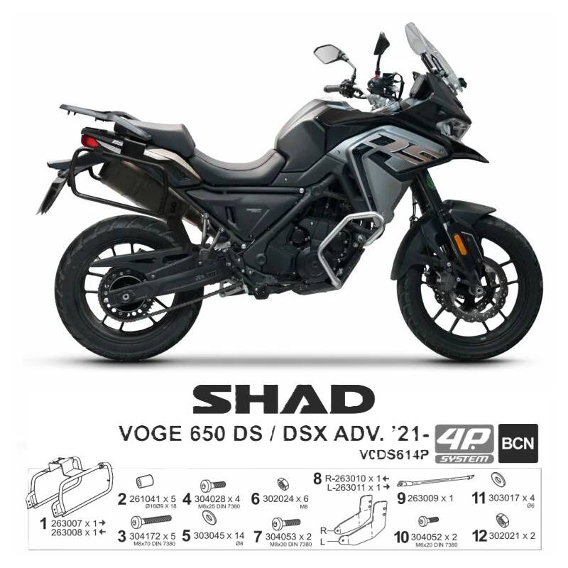 SUPPORTS 4P SHAD SYSTEM VOGE 650 DS/DSX SUPPORTS DE VALISES 4 POINTS (RECTANGLE) SHAD
Fixations pour installer de valises latérales sur la moto. origine VOGE -DISPO