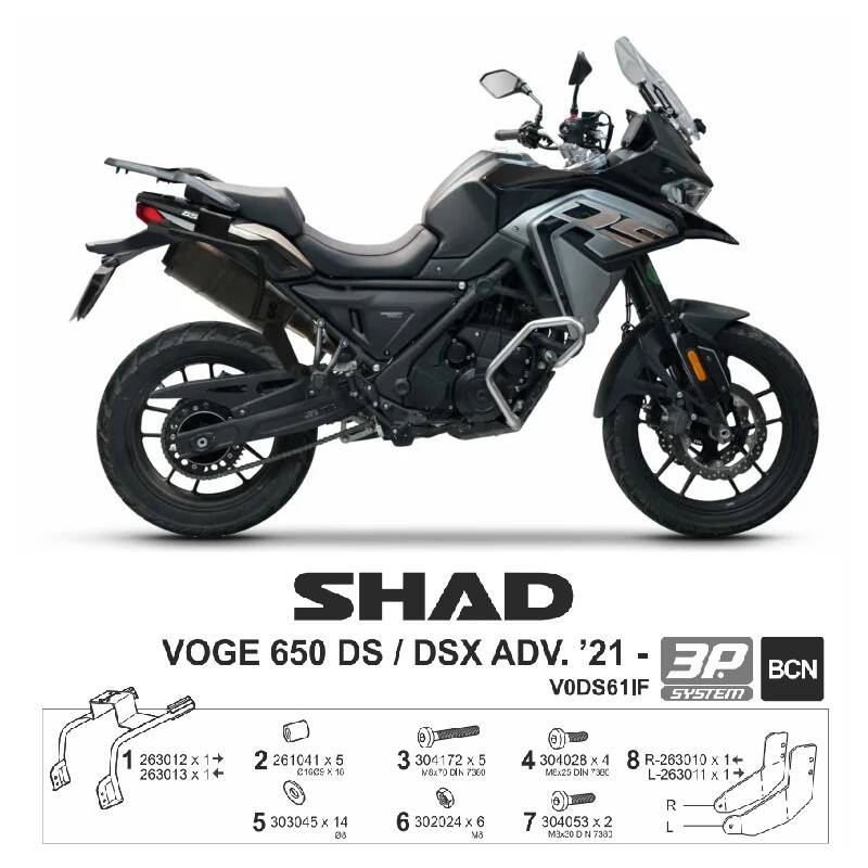 SUPPORTS 3P SHAD SYSTEM VOGE 650 DS/DSX SUPPORTS DE VALISES 3 POINTS (EN L) SHAD
Fixations pour installer de valises latérales sur la moto. origine VOGE -DISPO
