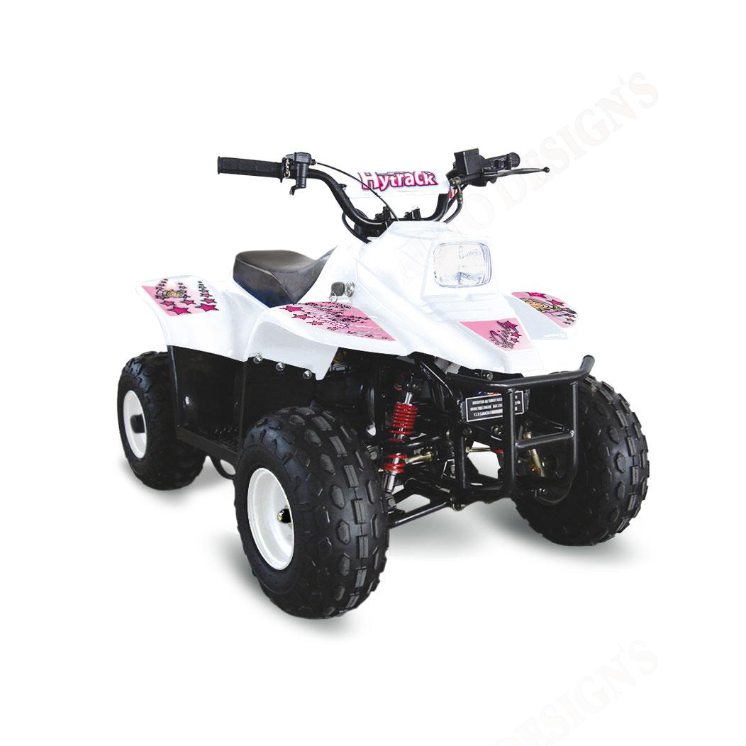 Quad HYTRACK HY50 S GIRLY BLANC-ROSE Quad HY50 GIRLY ==> BLANC Déco Fille 
À partir de 6 ans
- Moteur 4 temps, 79 cc
- Télécommande de sécurité
- Coupe-circuit de sécurité au poignet
Le port du casque est vivement conseillé

Toutes autres caractéristique dans "Application" origine HYTRACK 