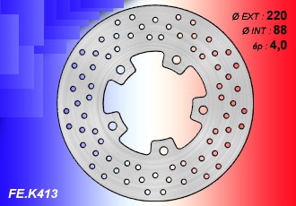 DISQUE DE FREIN ARRIERE (220 mm) GAMME ESSENTIEL FE.K413 KYMCO 50/250/300 DISQUE DE FREIN ARRIERE GAMME ESSENTIEL FE.K413 KYMCO 50/250/300
EXT220.mm.Dia.int:.88.mm Ep:.4,0.mm origine KYMCO 