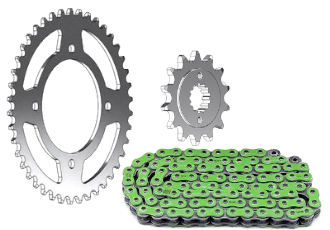 KIT CHAINE VERT DINLI/MASAI 450/460 (XW RING ULTRA RENFORCEE RK520GXW) - (ADAPTABLE) KIT CHAINE VERT DINLI/MASAI 450/460 ((XW RING ULTRA RENFORCEE RK520GXW) - (ADAPTABLE)(avec Attache A River.) origine MASAI 