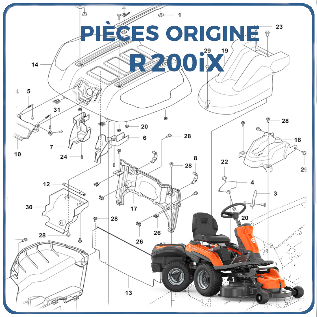 PIECES TONDEUSE AUTOPORTEE R 200iX RIDER HUSQVARNA PIECES TONDEUSE AUTOPORTEE R 200iX RIDER Référence (PNC) 970649901 origine HUSQVARNA -DISPO