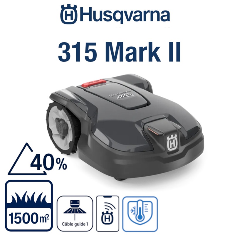 ROBOT TONDEUSE 315 Mark II Robot tondeuse Husqvarna 315 Mark II , 1500 m², gestion pentes, autonomie longue origine HUSQVARNA JARDINS_800–1500M²