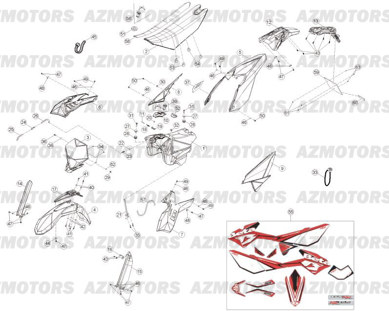 CARENAGES - RESERVOIR - SELLE  No SERIE xx503 a 999999 pour 125-RRLC-13