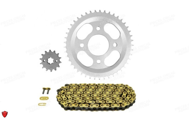 KIT CHAINE (ADAPTABLE) ORCAL 125 ASTOR (DEMULTIPLICATION ORIGINE 14/45) pour KIT CHAINE de 125 ASTOR EURO 4
