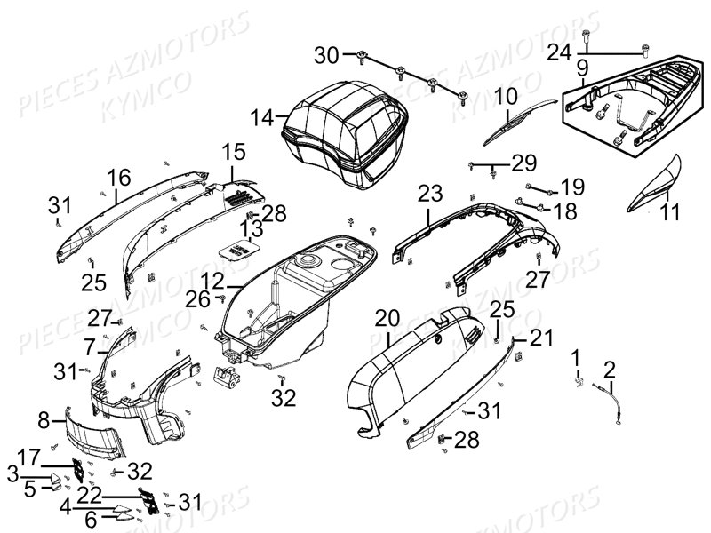 CARENAGES_ARRIERE KYMCO Pièces Scooter Kymco LIKE 125 LX 4T EURO III (KN25AF)