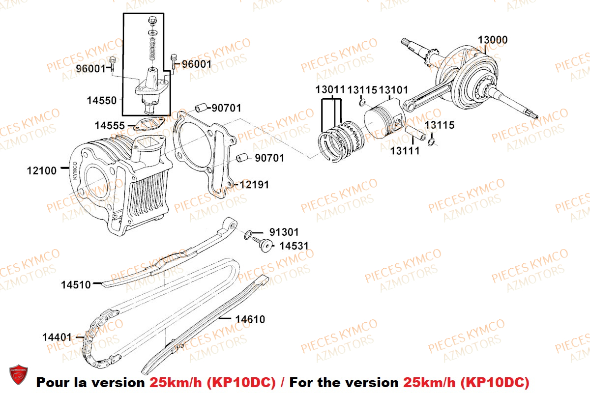 Cylindre 25km H Kp10dc KYMCO Pieces AGILITY 50 16+ EURO5 (KP10DB/KP10DC)