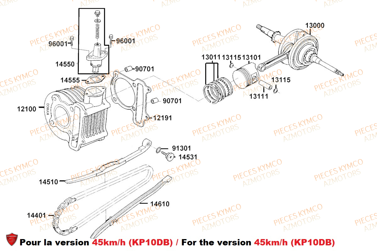 Cylindre 45km H Kp10db KYMCO Pieces AGILITY 50 16+ EURO5 (KP10DB/KP10DC)
