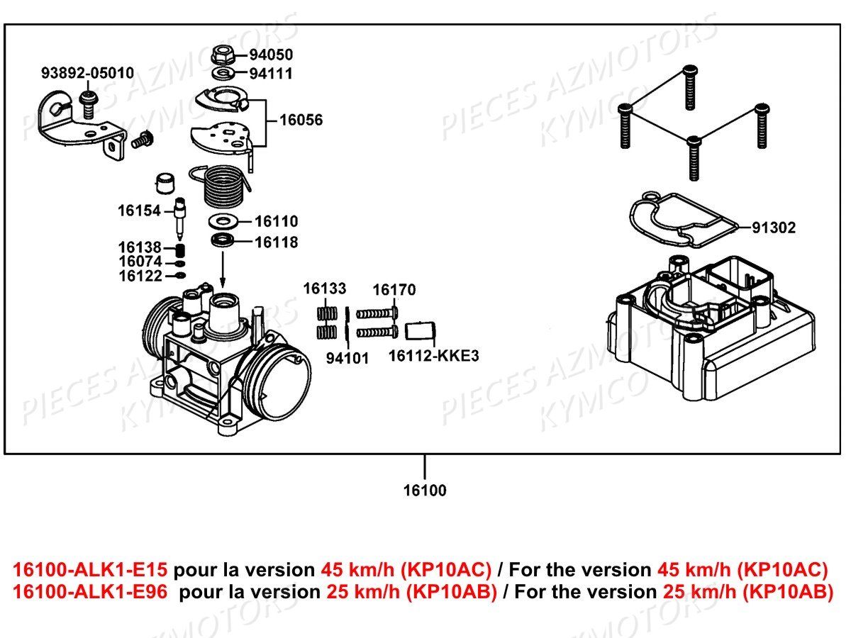 Carburation KYMCO Pièces AGILITY 50I 16+ 4T EURO4 (KP10AC/KP10AB)