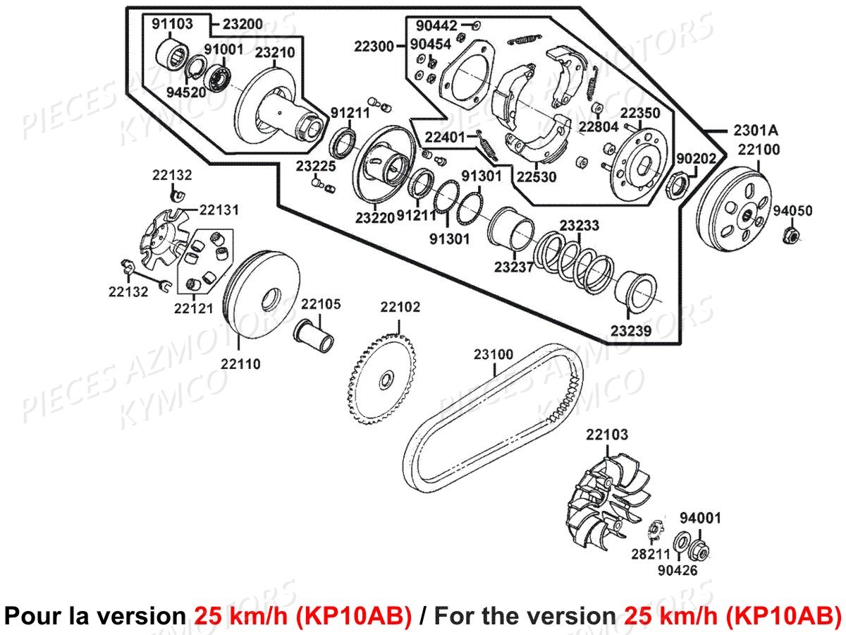 Variateur Embrayage Version 25km KYMCO Pièces AGILITY 50I 16+ 4T EURO4 (KP10AC/KP10AB)