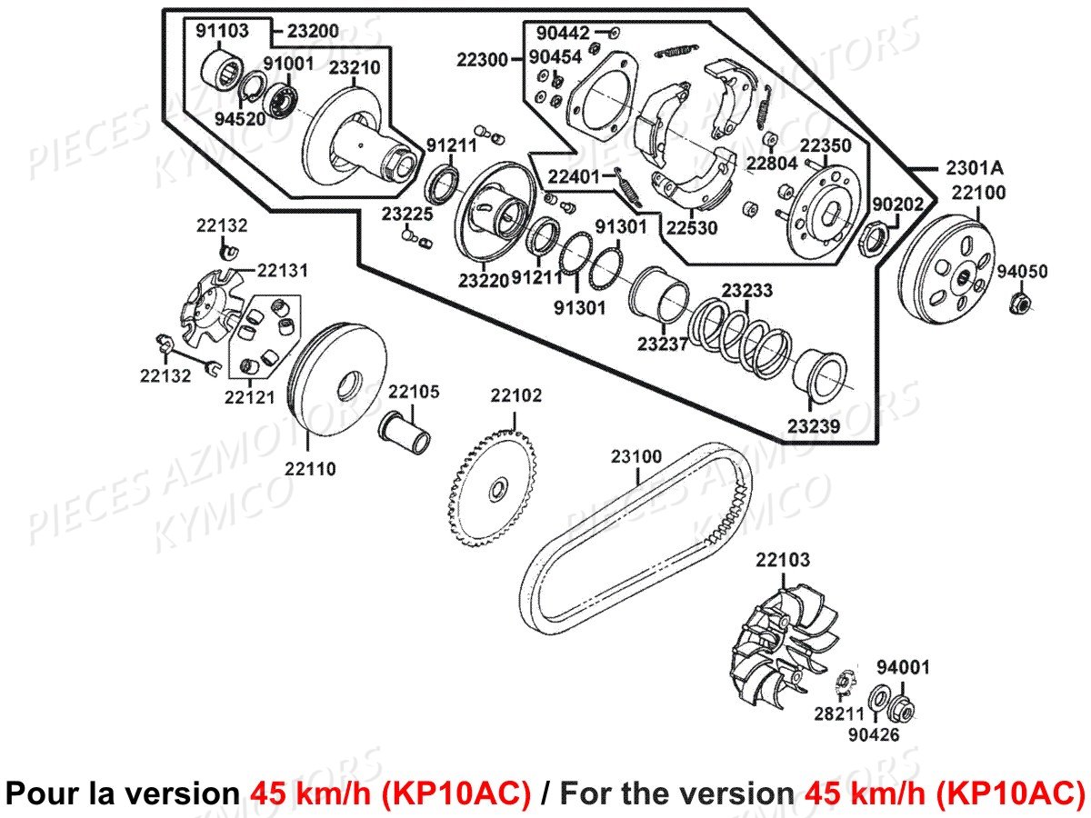 Variateur Embrayage Version 45km KYMCO Pièces AGILITY 50I 16+ 4T EURO4 (KP10AC/KP10AB)