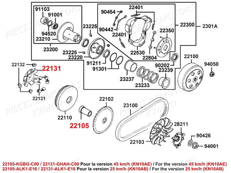 Variateur Embrayage KYMCO Pièces AGILITY 50 12 4T EURO4 (KN10AE/KN10AB)