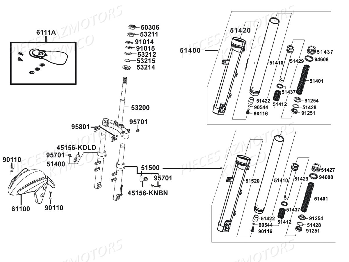 Fourche Garde Boue Avant KYMCO Pièces AGILITY 50 NAKED RENOUVO 4T EURO4 (KN10CA/KN10CB)