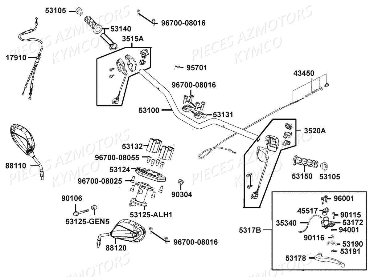 Guidon Retroviseurs KYMCO Pièces AGILITY 50 NAKED RENOUVO 4T EURO4 (KN10CA/KN10CB)