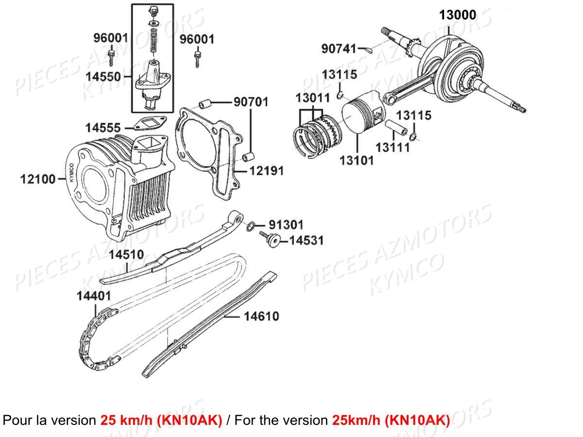 Cylindre Piston Kn10ak 25km KYMCO Pièces AGILITY 50 ST 4T EURO4 (KN10AL/KN10AK)