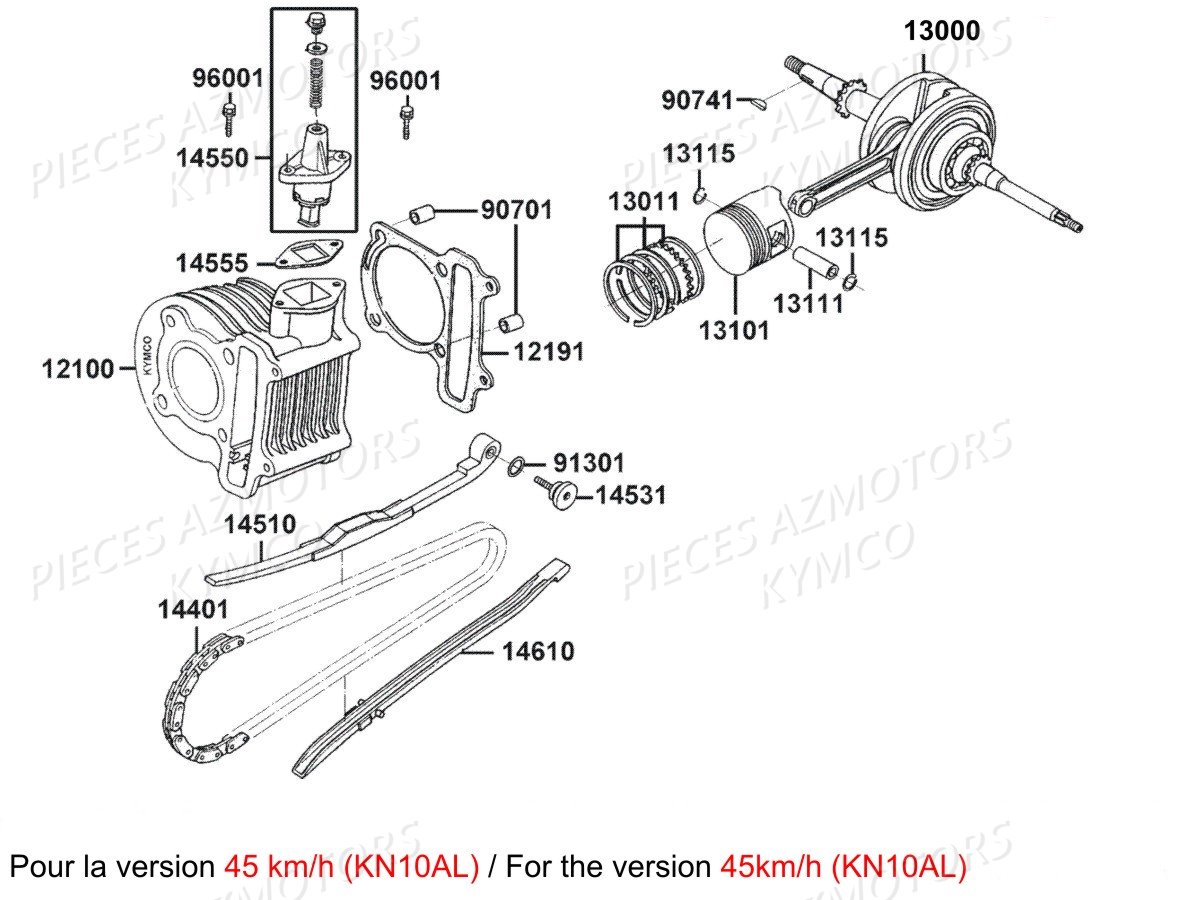 Cylindre Piston Kn10al 45km KYMCO Pièces AGILITY 50 ST 4T EURO4 (KN10AL/KN10AK)