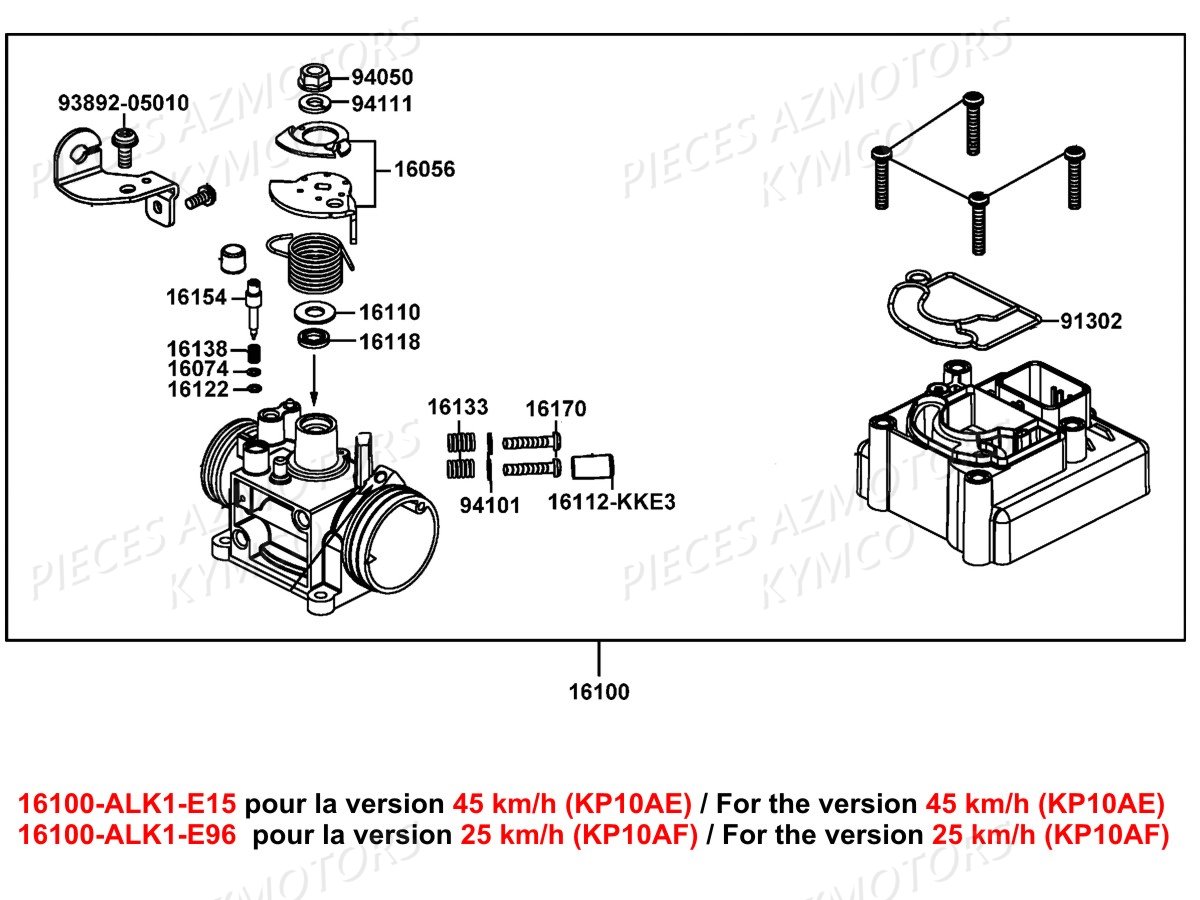 Carburation KYMCO Pieces AGILITY 50I 16+ 4T EURO4 (KP10AE/KP10AF)