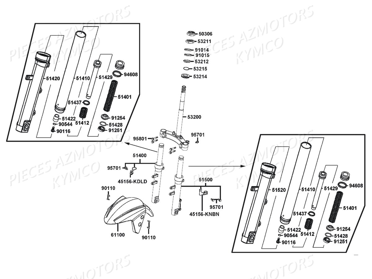 Fourche Garde Boue Avant KYMCO Pieces AGILITY 50 NAKED RENOUVO 2T EURO2 (KE10BF/KE10BJ)