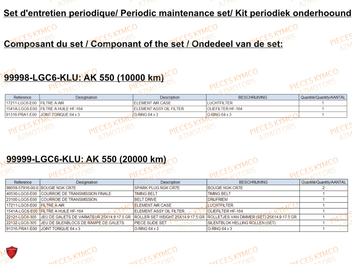 SET ENTRETIEN PERIODIQUE AK 550 (10000 km) KYMCO pour 1.SET ENTRETIEN de AK 550 EURO 5