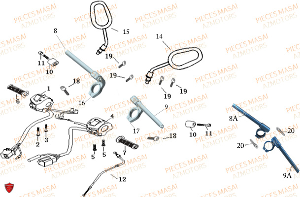 Guidon Commodo Retroviseurs MASAI Pièces Moto BLACK CAFE 125 E4