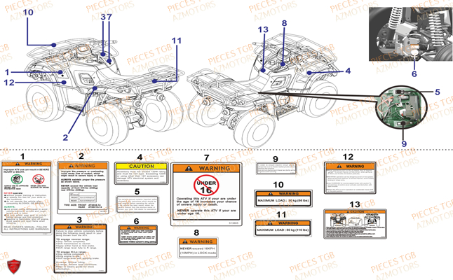 Etiquettes De Securite AZMOTORS Pieces TGB BLADE 550 LT FI 4x4 (2016) (No Serie RFCLTGLTA...Type FTG-HDLE)