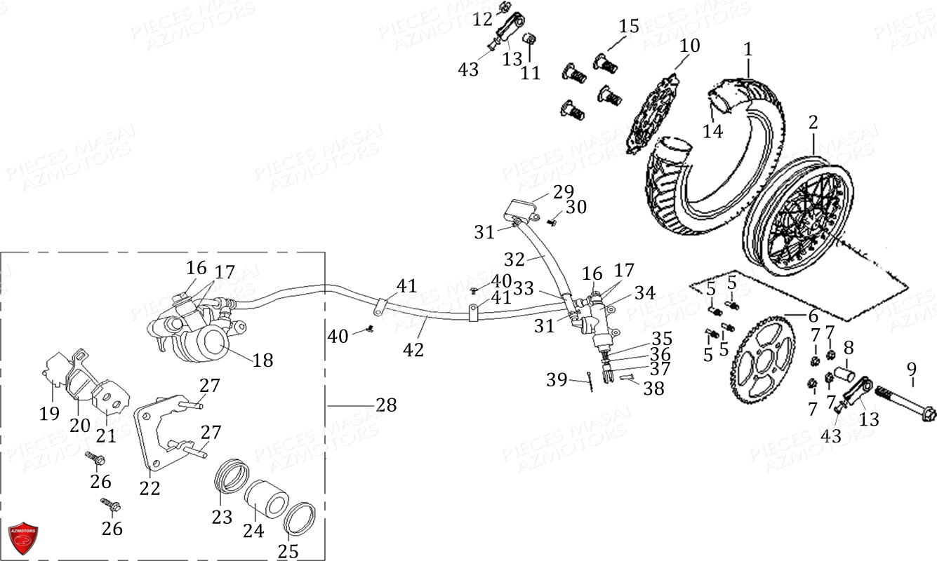 ROUE_ARRIERE_ET_FREIN_ARRIERE MASAI Pièces Moto Black Rod 125cc