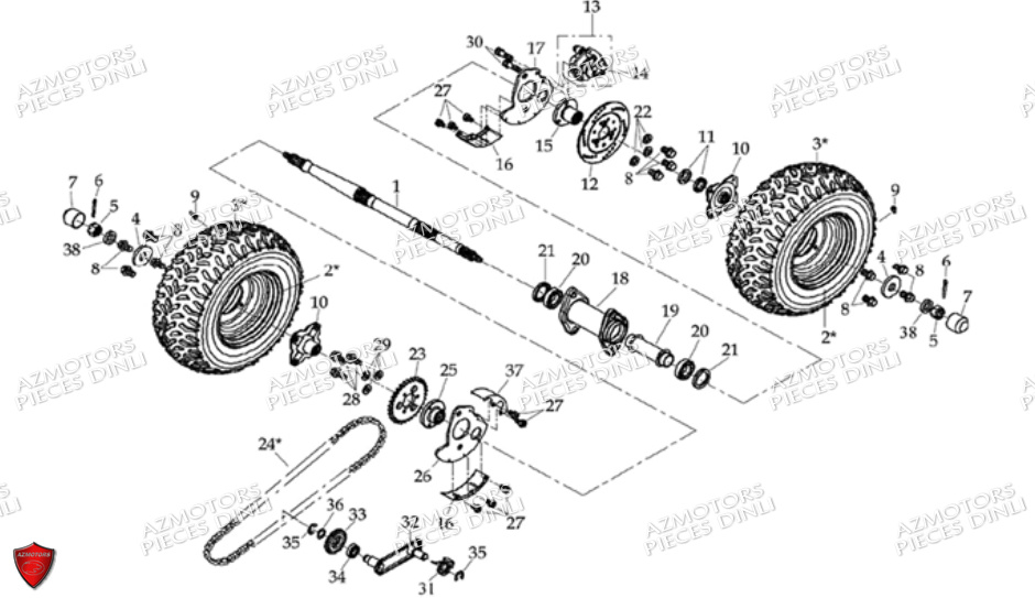 Ensemble Roues Arriere DINLI Pièces Quad DL601 100cc